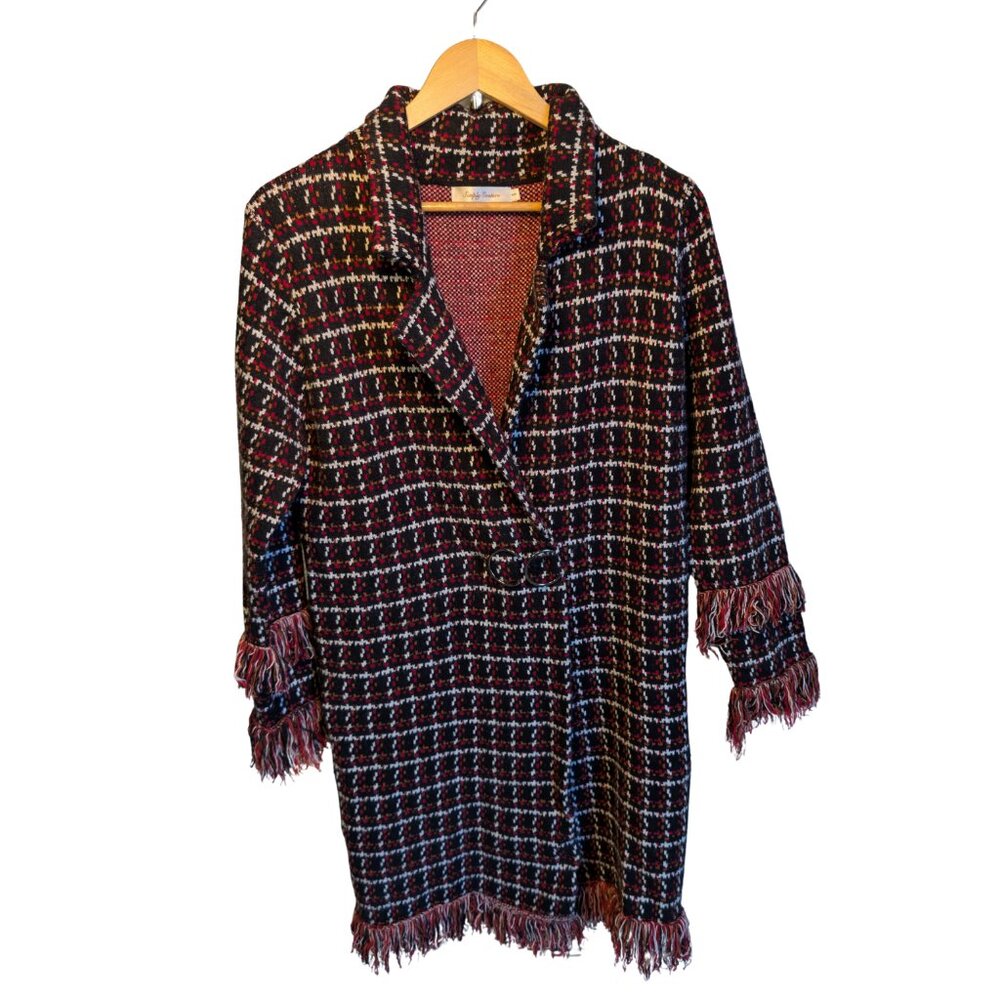 Simply Couture Retro Boho Plaid Tweed w/ Fringe Sweater Coat | Size Small